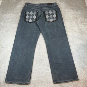 G&B Wide Leg Jeans Mens 36x32 Black Argyle Pocket Y2K Streetwear Skater Relaxed